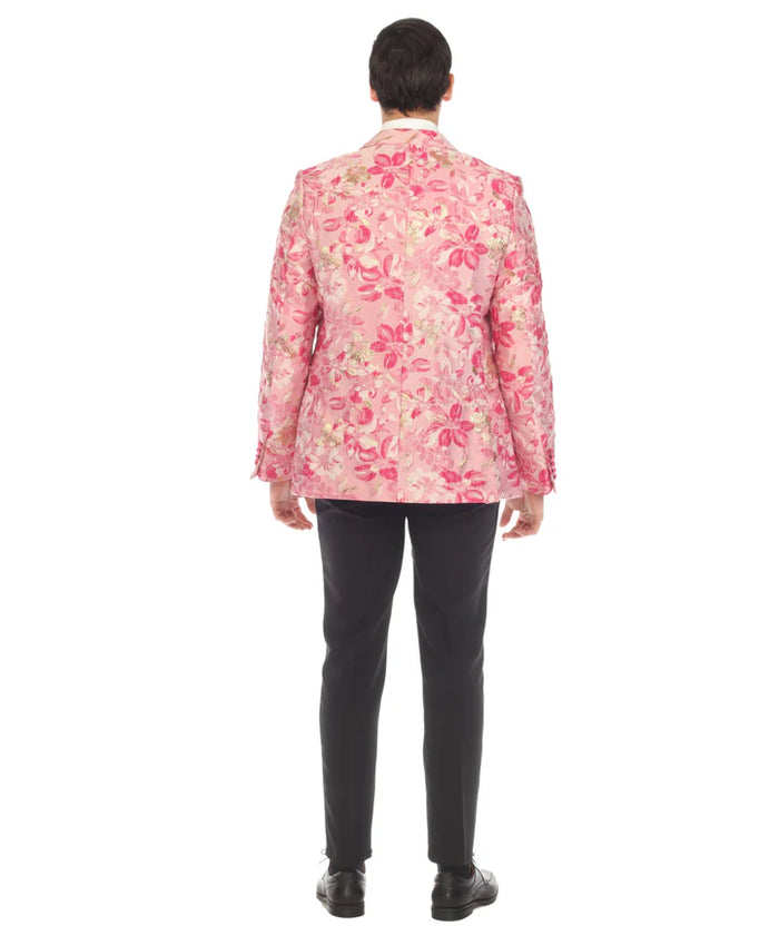 Men’s Drake Fuchsia Floral Tuxedo Blazer – Slim Fit Peak Lapel 1 Button Prom Dinner Jacket for Weddings & Formal Events