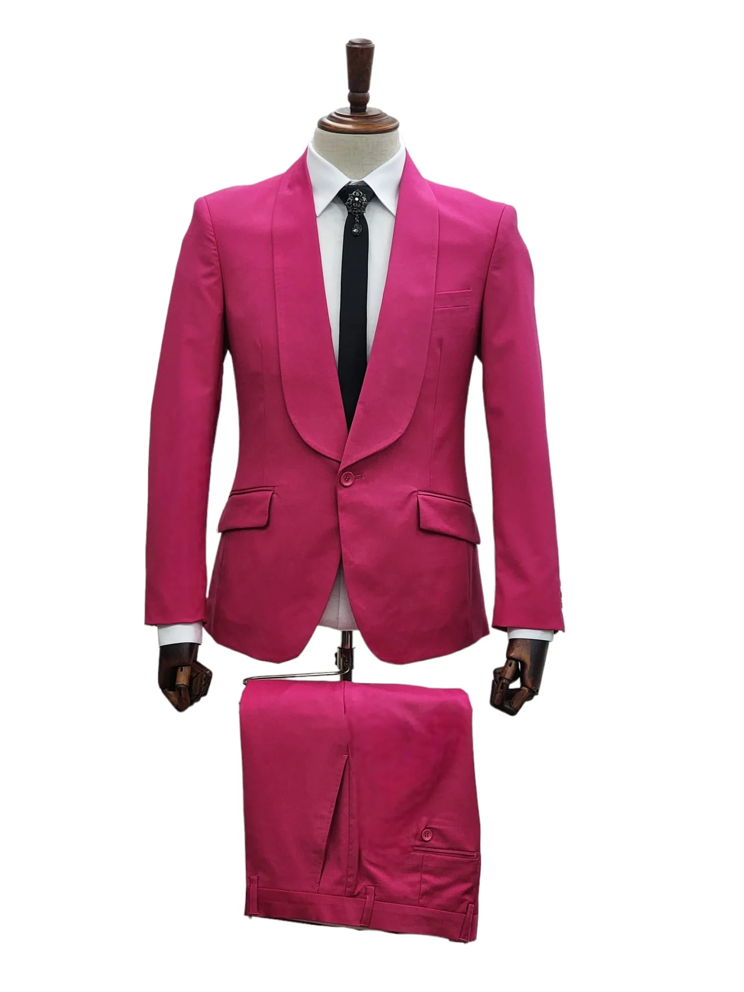 Mens Fuchsia Pink 2-Piece Slim Fit Suit – 1 Button Shawl Lapel with Flat Front Pants – SuitUSA