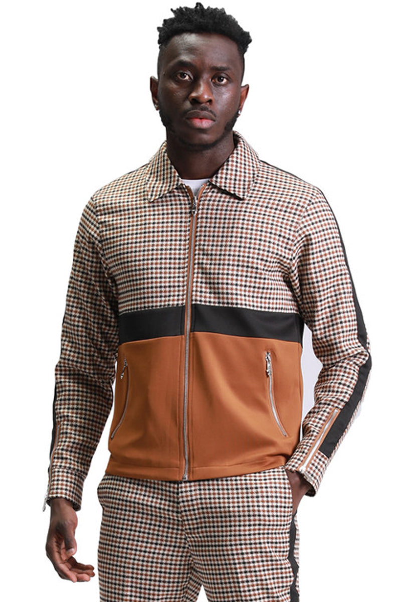 Men's Casual Coffee Houndstooth Suit Set