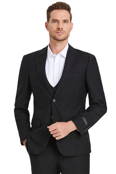 Men's Sharkskin Two Button Suit in Black Windowpane Plaid