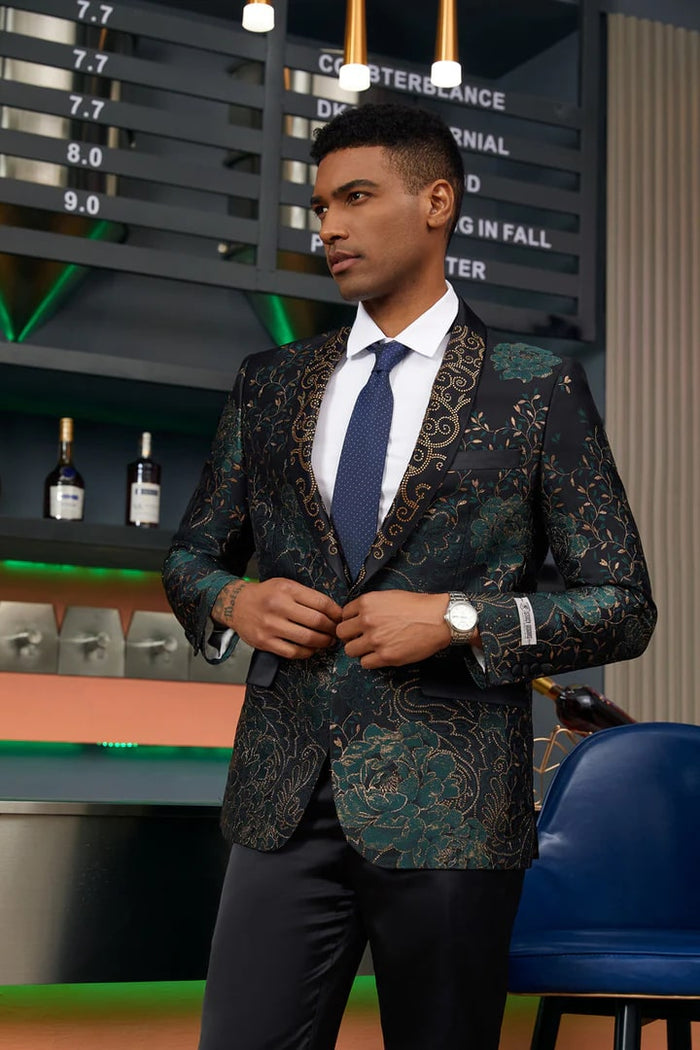 Green/Gold Prom Tuxedo Suit - Green/Gold Wedding Suit - Men's Stacy Adam's Designer Prom & Wedding Tuxedo Jacket In Green & Gold Floral Paisley PROMTUXEDO