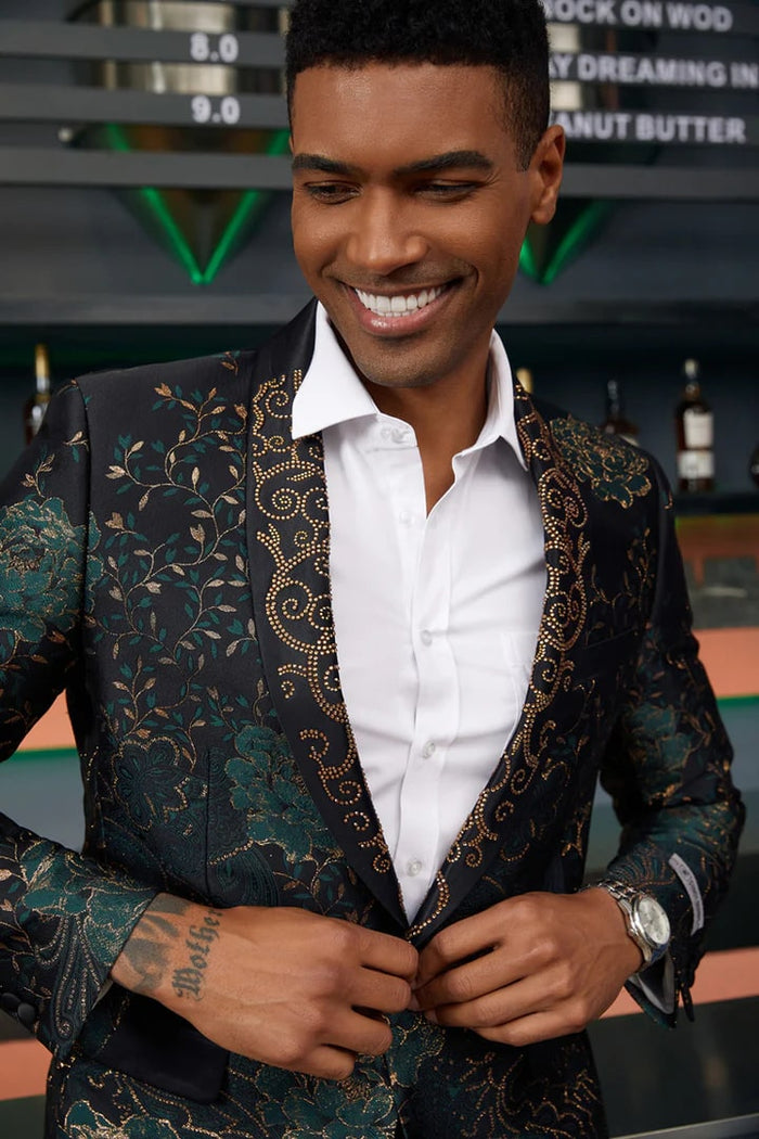 Green/Gold Prom Tuxedo Suit - Green/Gold Wedding Suit - Men's Stacy Adam's Designer Prom & Wedding Tuxedo Jacket In Green & Gold Floral Paisley PROMTUXEDO