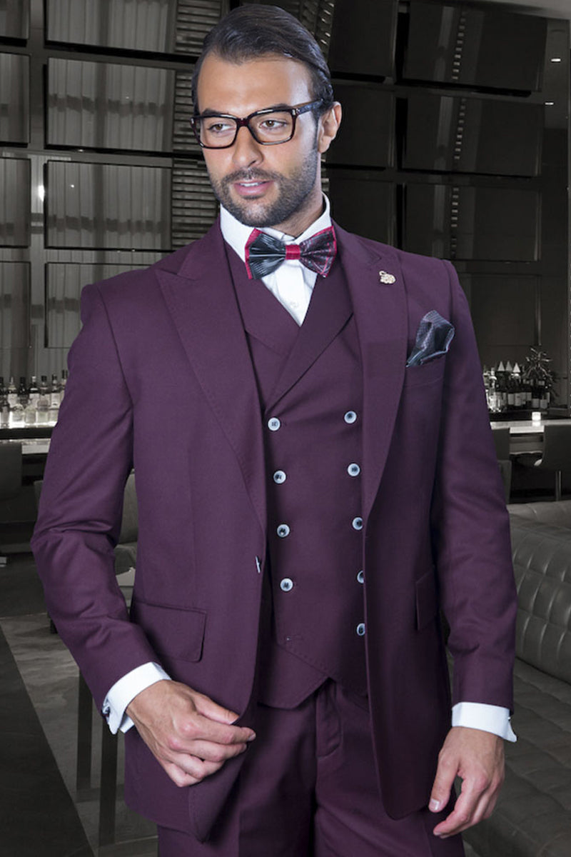 Men's Burgundy Wool Suit with Wide Leg Pants