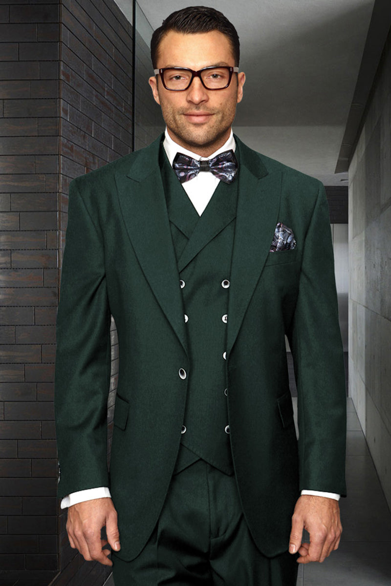 Men's Hunter Green Wool Vested Suit with Wide Leg Pants