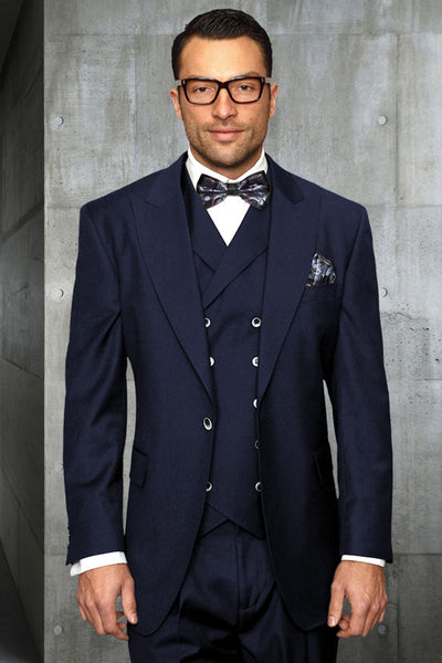 Men's Navy Vested Wool Suit with Wide Leg Pants