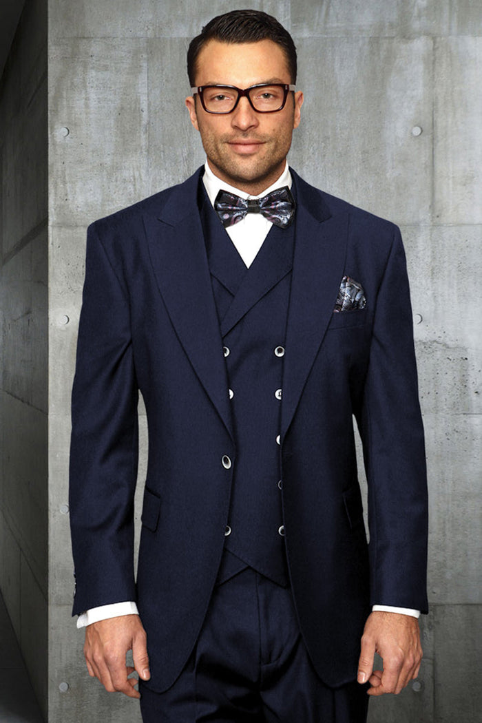 Men's Navy Vested Wool Suit with Wide Leg Pants