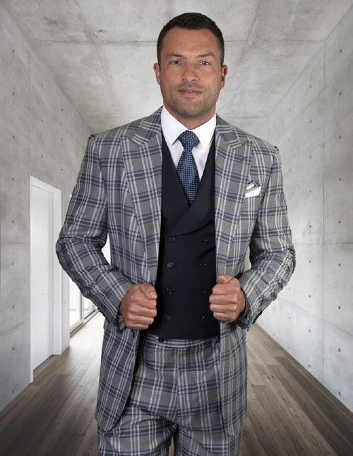 Mens Classic Fit One Button Peak Lapel Suit with Double Breasted Vest in Navy by Statement