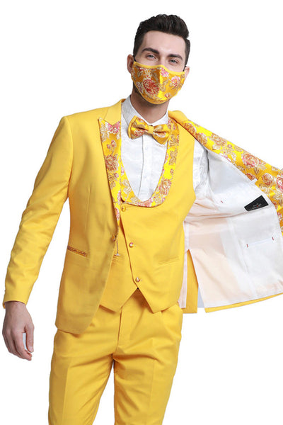 Yellow Gold Floral Lapel Men's Tuxedo - One Button Vested for Prom & Wedding by Tazzio