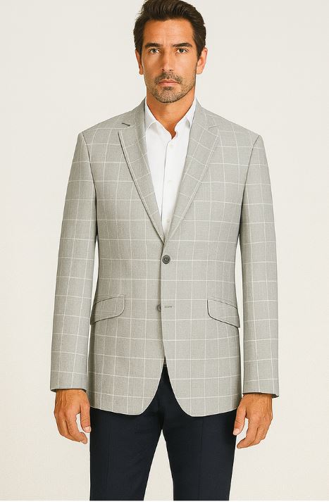 Renoir Sport Coat Blazer - Slim Fit, 2 Buttons, Light Grey Ash Windowpane Plaid