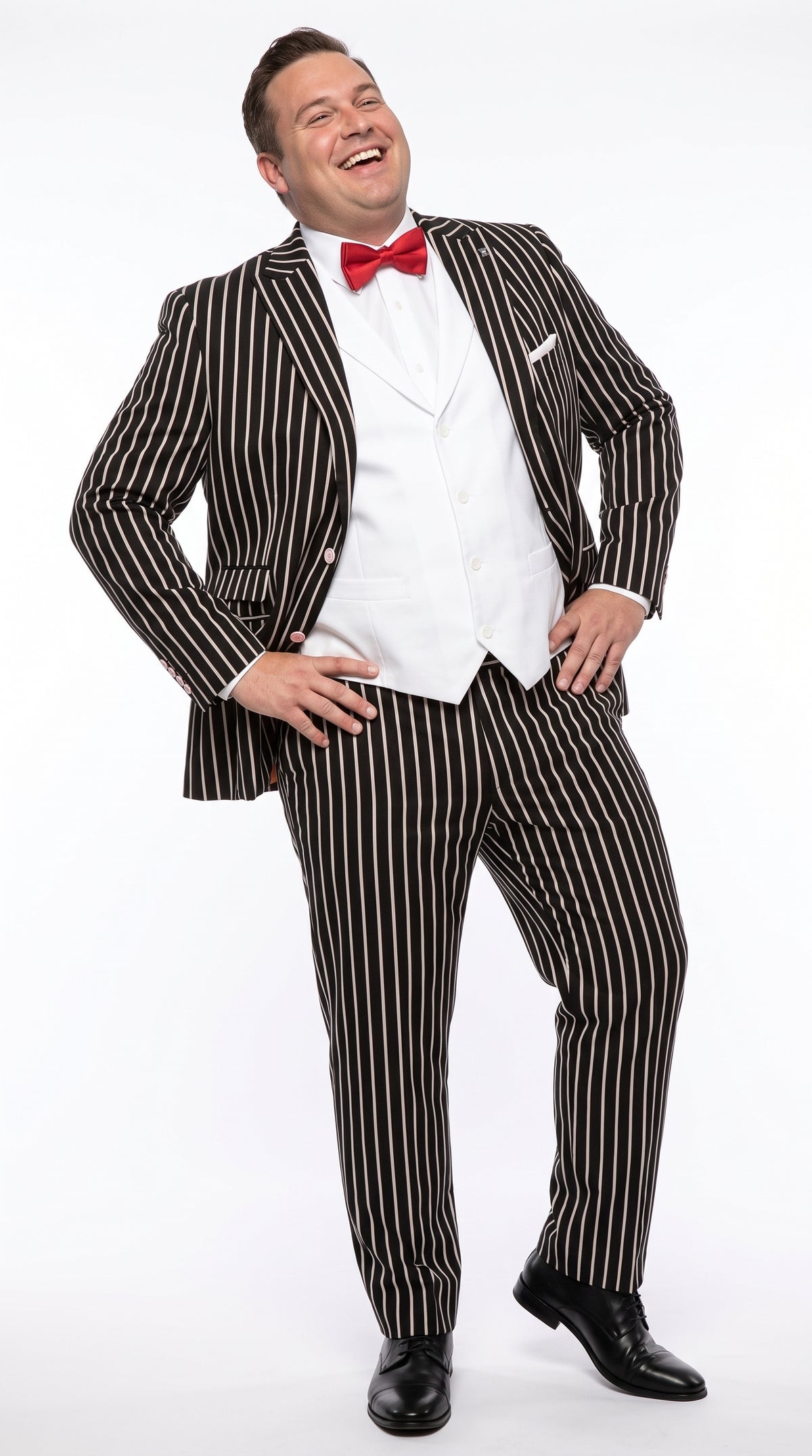 1920s Men’s Black Bold Pinstripe 3 Piece Gangster Suit – Vested Vintage Wedding & Formal Suit