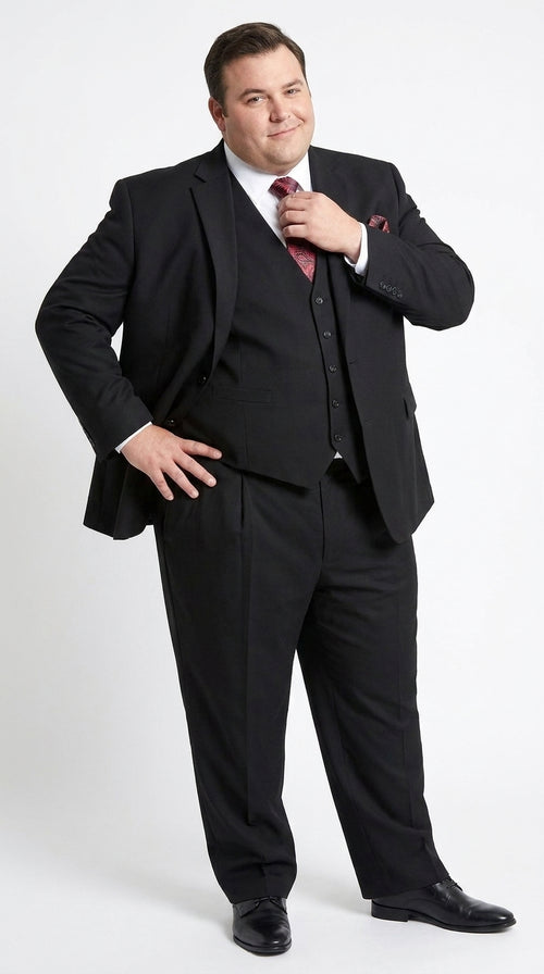 Men’s Black 2 Button Suit with Double Breasted Vest, Pleated Pant Formal Wedding Business Suit