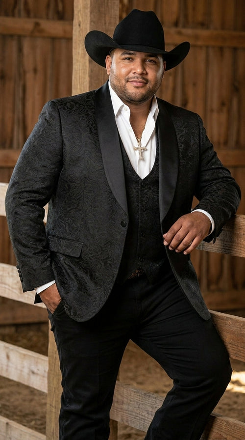 Men’s Black Paisley Jacquard Blazer with Satin Shawl Lapel, Western Formal Designer Jacket