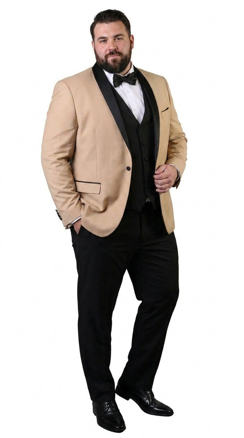 PromTuxedo Men’s Champagne and Black 3-Piece Wool Tuxedo – Shawl Lapel Wedding, Prom and Groom Suit