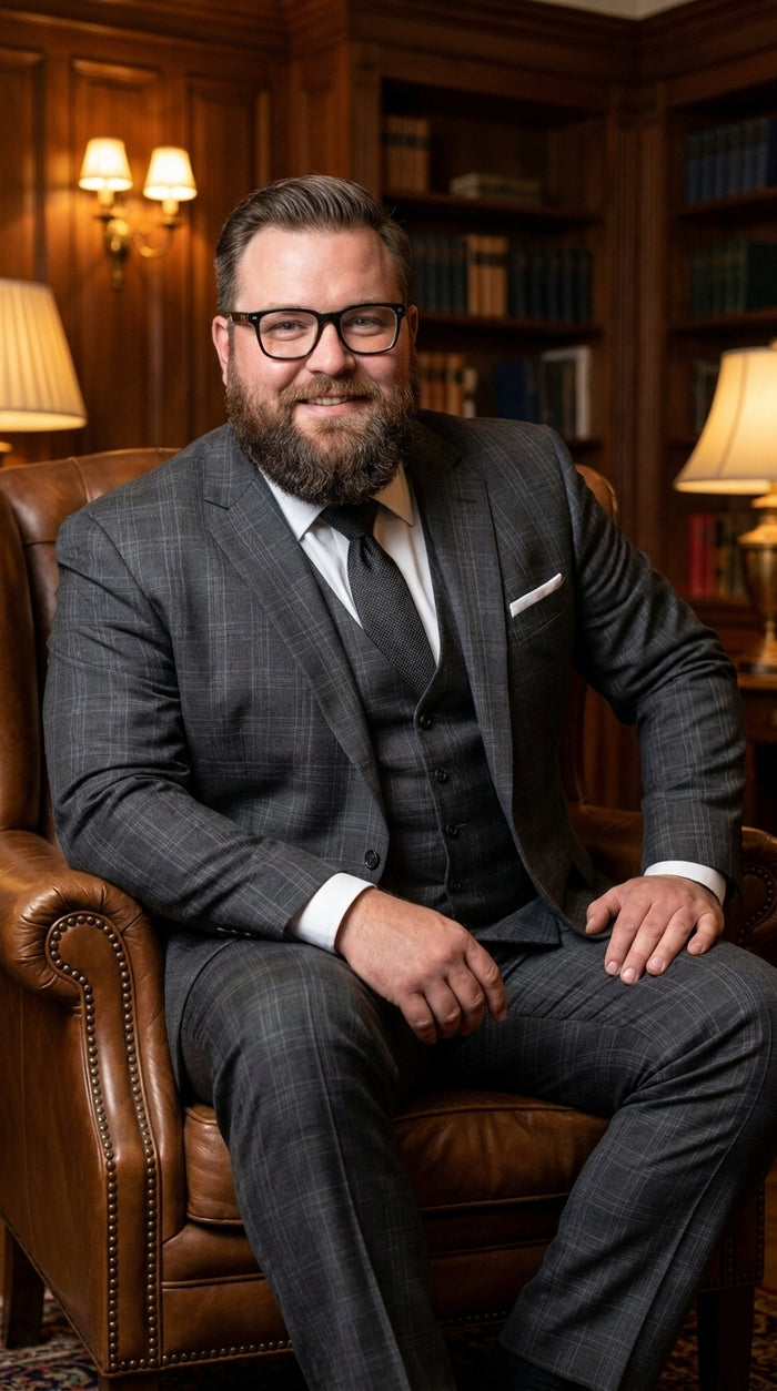 Men’s Charcoal Grey Windowpane Plaid 3-Piece Suit – Two-Button Jacket with Matching Vest and Pants