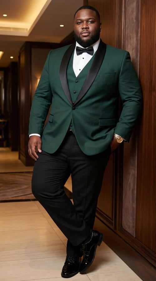 Men’s Hunter Green Shawl Lapel Tuxedo with Satin Trim, Formal Wedding Prom Dinner Suit
