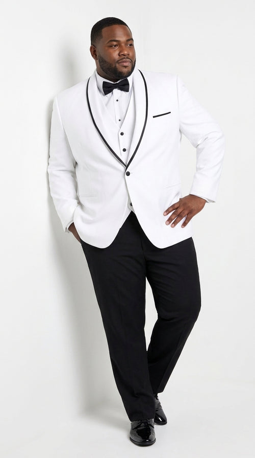 Men’s White and Black One Button Satin Trim Shawl Lapel Tuxedo for Wedding, Prom and Formal Events