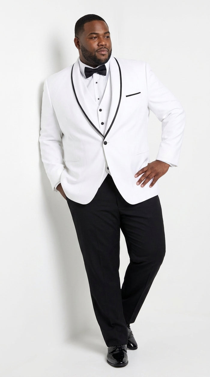Men’s White and Black One Button Satin Trim Shawl Lapel Tuxedo for Wedding, Prom and Formal Events
