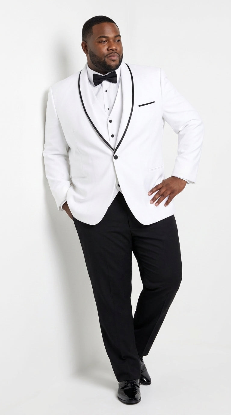Men’s White and Black One Button Satin Trim Shawl Lapel Tuxedo for Wedding, Prom and Formal Events