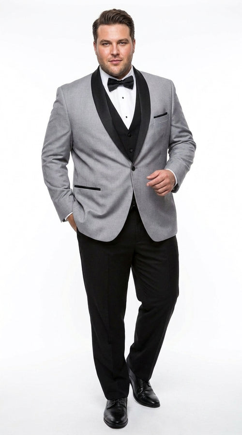 Men’s Grey and Black 3-Piece Prom Tuxedo – Vested Wedding Suit with Black Shawl Lapel