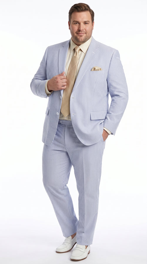 Men’s Navy Blue Pinstripe Seersucker 2 Piece Summer Suit, Lightweight Wedding and Beach Suit