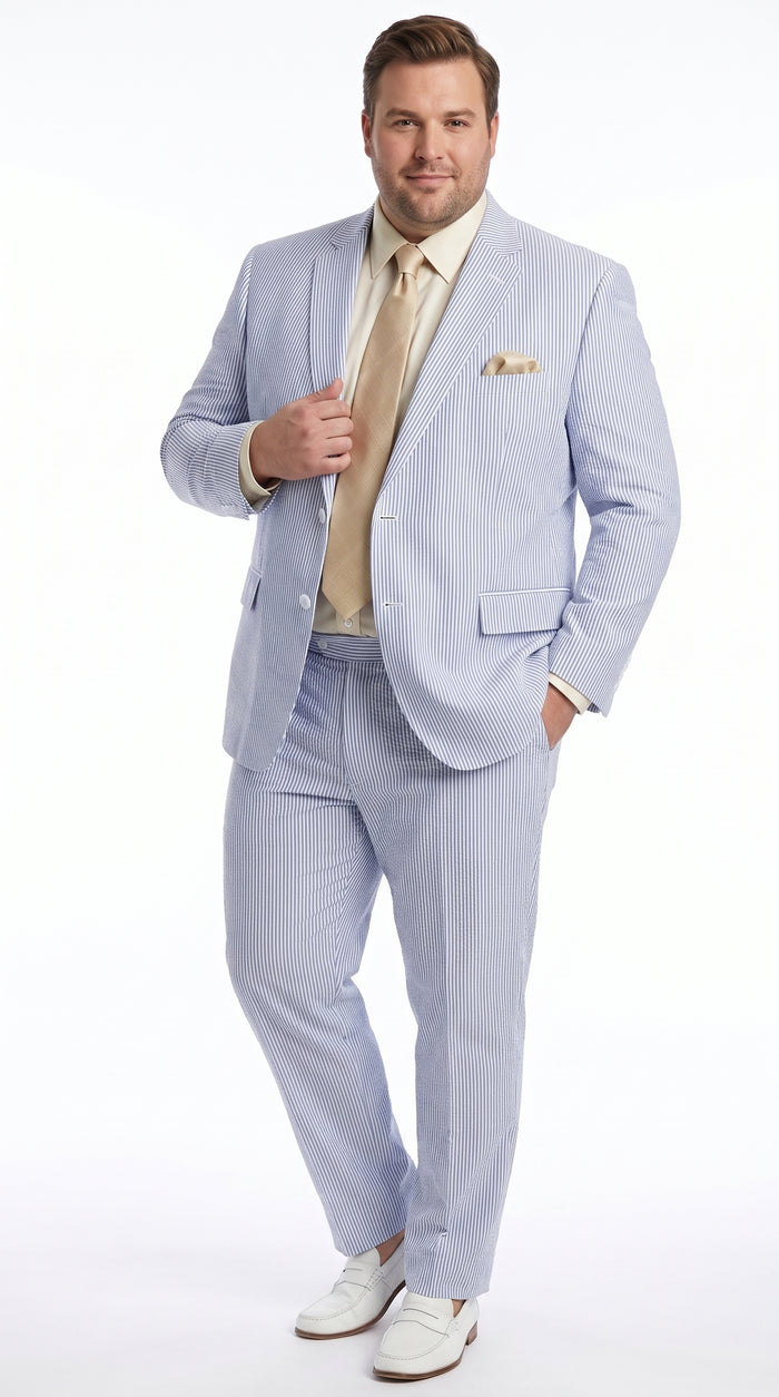 Men’s Navy Blue Pinstripe Seersucker 2 Piece Summer Suit, Lightweight Wedding and Beach Suit