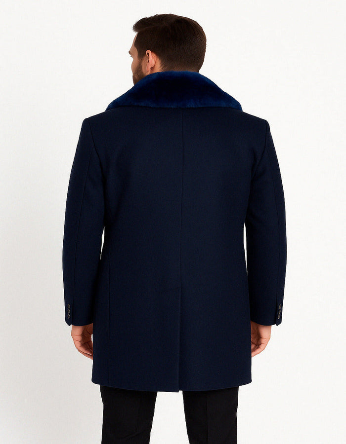 Mens Navy Wool Overcoat with Royal Blue Faux Fur Shawl Collar Cashmere Carcoat by USA Men's Outlet