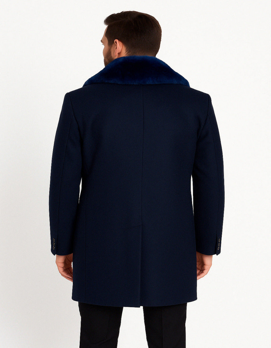 Mens Navy Wool Overcoat with Royal Blue Faux Fur Shawl Collar Cashmere Carcoat by USA Men's Outlet