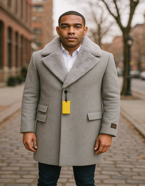 Men’s Grey Wool Overcoat with Plush Faux Fur Shawl Collar - Winter Luxury Coat by USA Men's Outlet