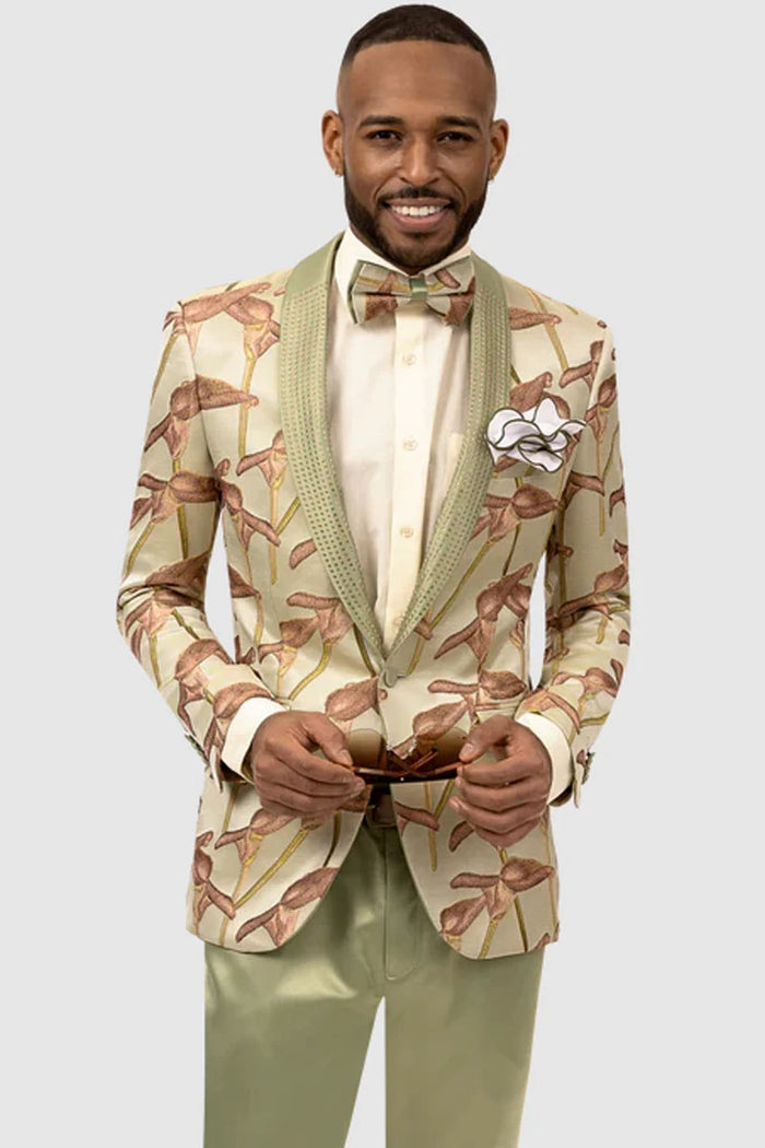 Green Prom Suit For Men - Mens One Button Floral Print Prom Beige and Fern Green Tuxedo