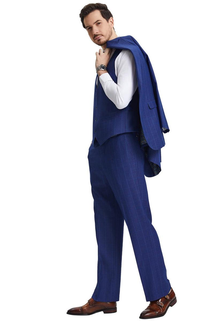 Men's Stacy Adams Peak Lapel Blue Windowpane Plaid Suit with a Scoop Neck Vest