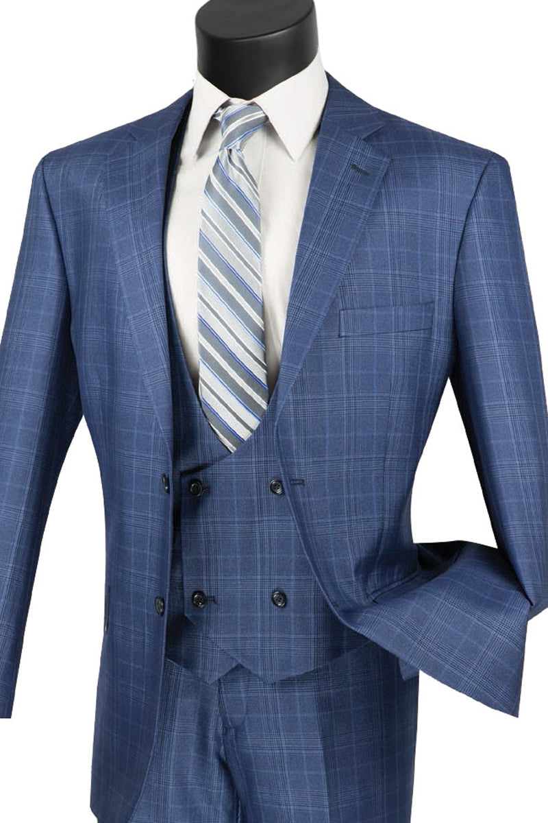 Mens Blue Plaid Suit with Vested Peak Lapel