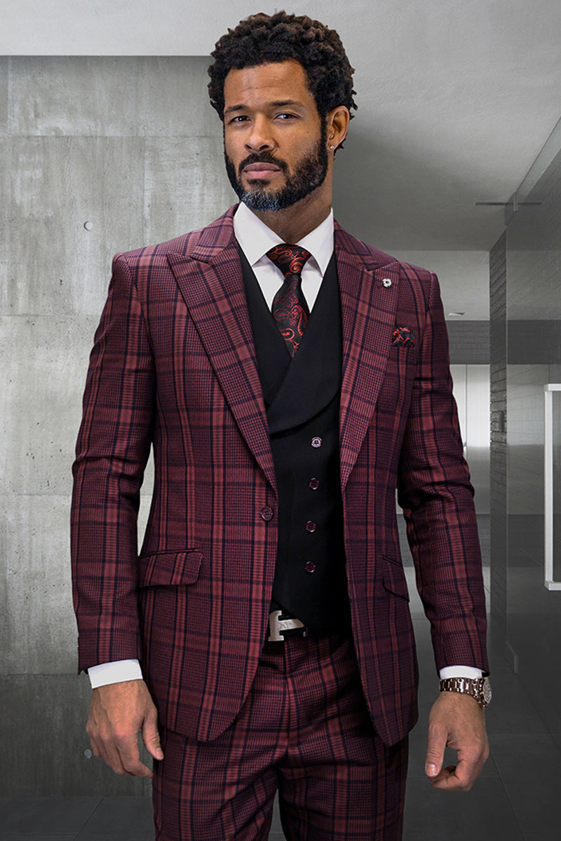 Men's Wide Peak Lapel Houndstooth Suit in Burgundy – SuitUSA