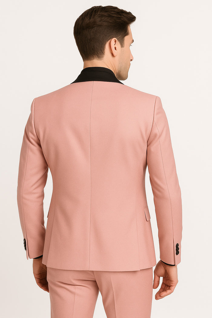 Men's Light Pink 3-Piece Tuxedo Suit with Black Satin Shawl Lapel - Formal Wear - Ultra Slim Fitted in Blush color by USA Men's Outlet