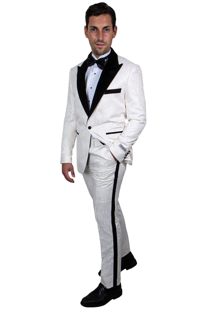 Men's Stylish Ivory & Black Stacy Adams Paisley Prom & Wedding Tuxedo