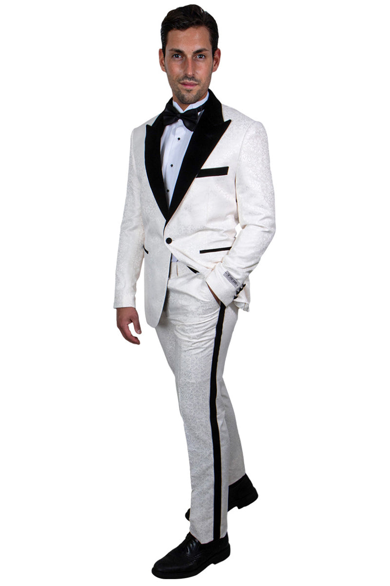 Men's Stylish Ivory & Black Stacy Adams Paisley Prom & Wedding Tuxedo