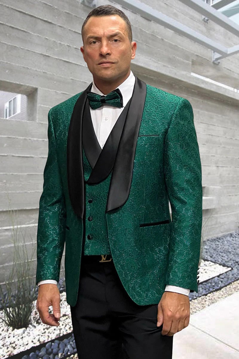 Green Prom Suit For Men - Men's Designer Vested Floral Lace Wedding Hunter Green Tuxedo