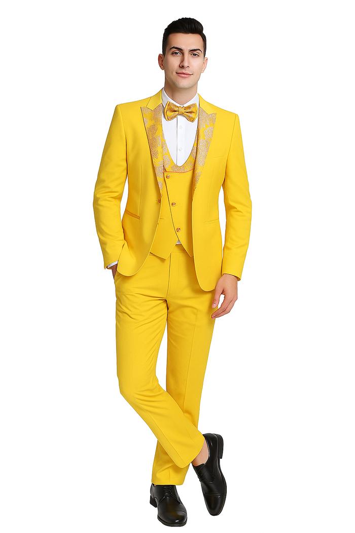 Radiant Golden Bloom Mens 3-Piece Suits with Floral Peak Lapel by USA Men's Outlet