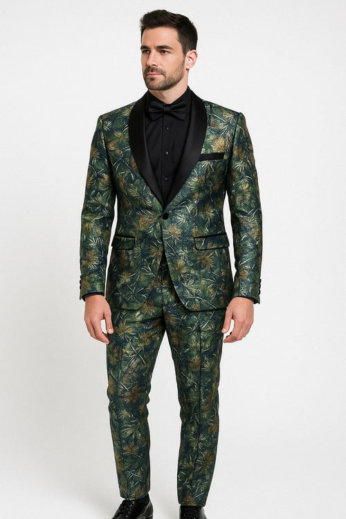 Mens Forest Camo Print Blazer with Black Satin Lapel Tuxedo - Green by USA Men's Outlet