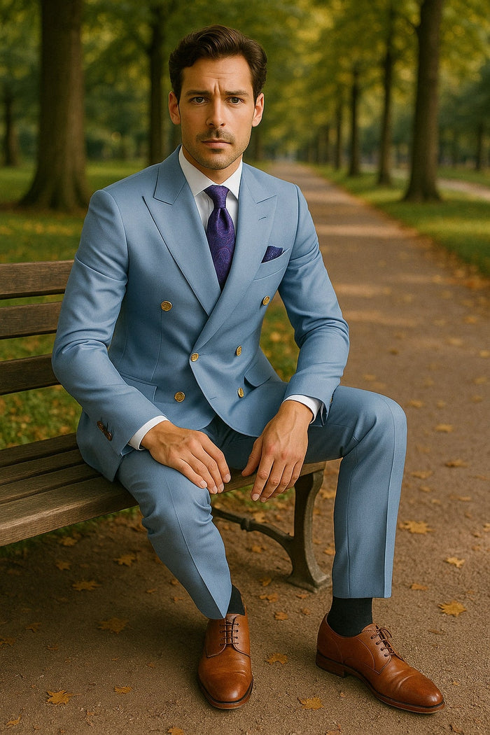 Mens Light Blue Double-Breasted Suit with Gold Buttons - Slim Fit 2-Piece Formal Set in Sky Blue Color by USA Men's Outlet