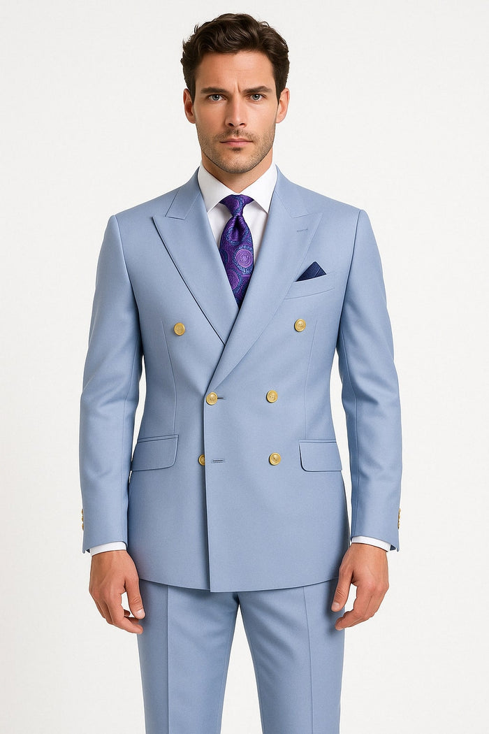 Mens Light Blue Double-Breasted Suit with Gold Buttons - Slim Fit 2-Piece Formal Set in Sky Blue Color by USA Men's Outlet