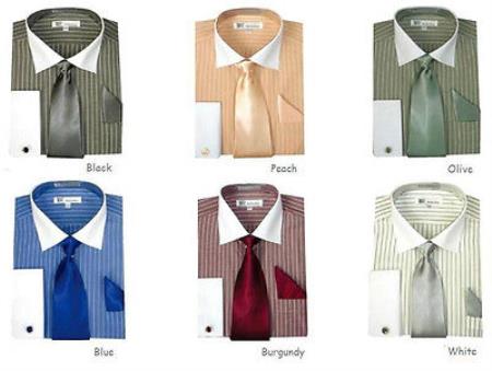 French Cuff Stylish Striped Formal Spread Collar Set Style White Collar Two Toned Contrast Multi-Color Men's Dress Shirt