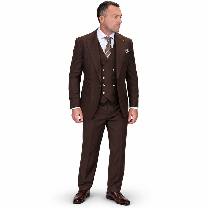 3-Piece Peak Lapel Suit with Gold Button Vest - Brown