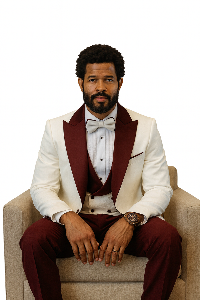 Hilton White and Burgundy Paisley Peak Lapel Tuxedo Jacket with Matching Shawl Vest and Wool Pants - Includes Bow Tie by USA Men's Outlet