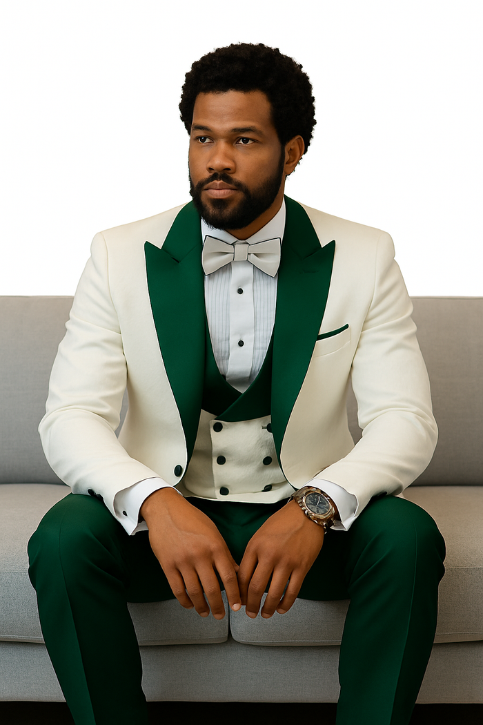 Hilton White and Hunter Green Paisley Peak Lapel Tuxedo Jacket with Matching Shawl Vest and Wool Pants - Includes Bow Tie by USA Men's Outlet