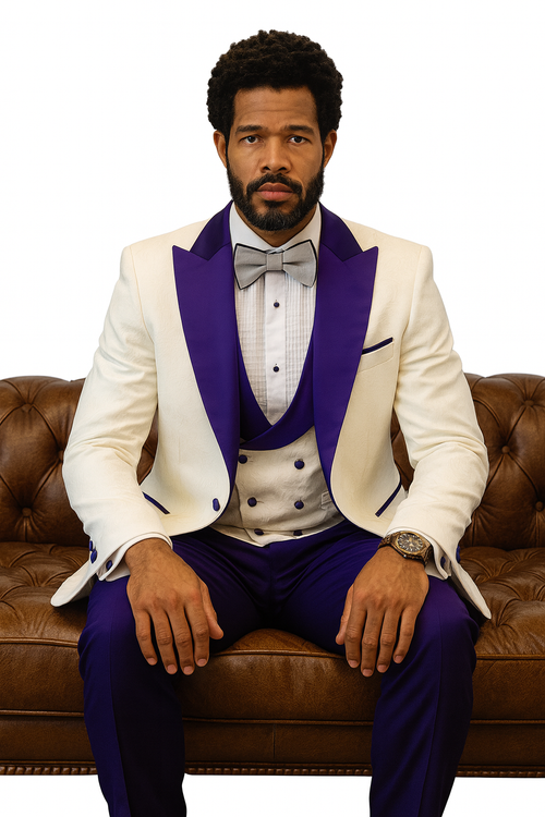 Hilton White and Purple Paisley Peak Lapel Tuxedo Jacket with Matching Shawl Vest and Wool Pants – Includes Bow Tie