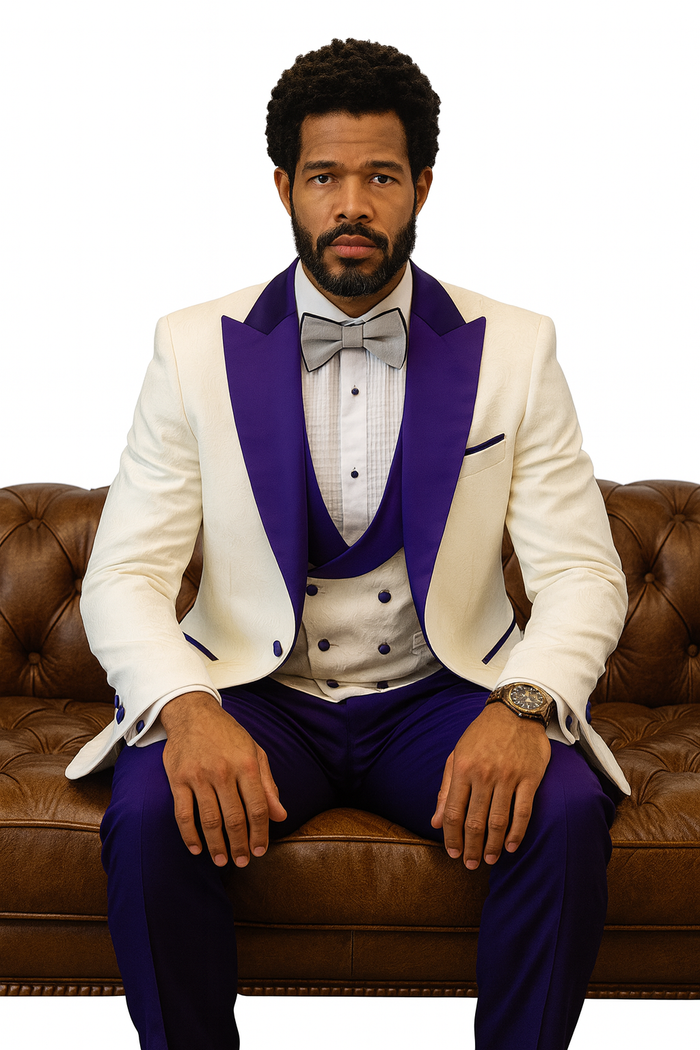 Hilton White and Purple Paisley Peak Lapel Tuxedo Jacket with Matching Shawl Vest and Wool Pants - Includes Bow Tie by USA Men's Outlet