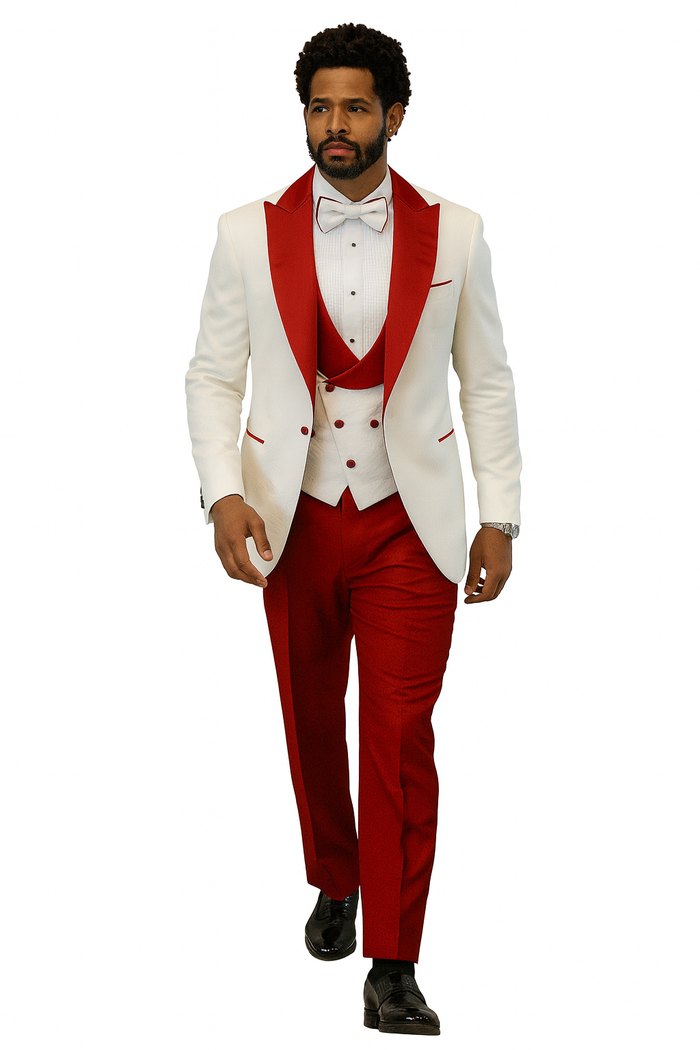 Hilton White and Red Paisley Peak Lapel Tuxedo Jacket with Matching Shawl Vest and Wool Pants - Includes Bow Tie by USA Men's Outlet