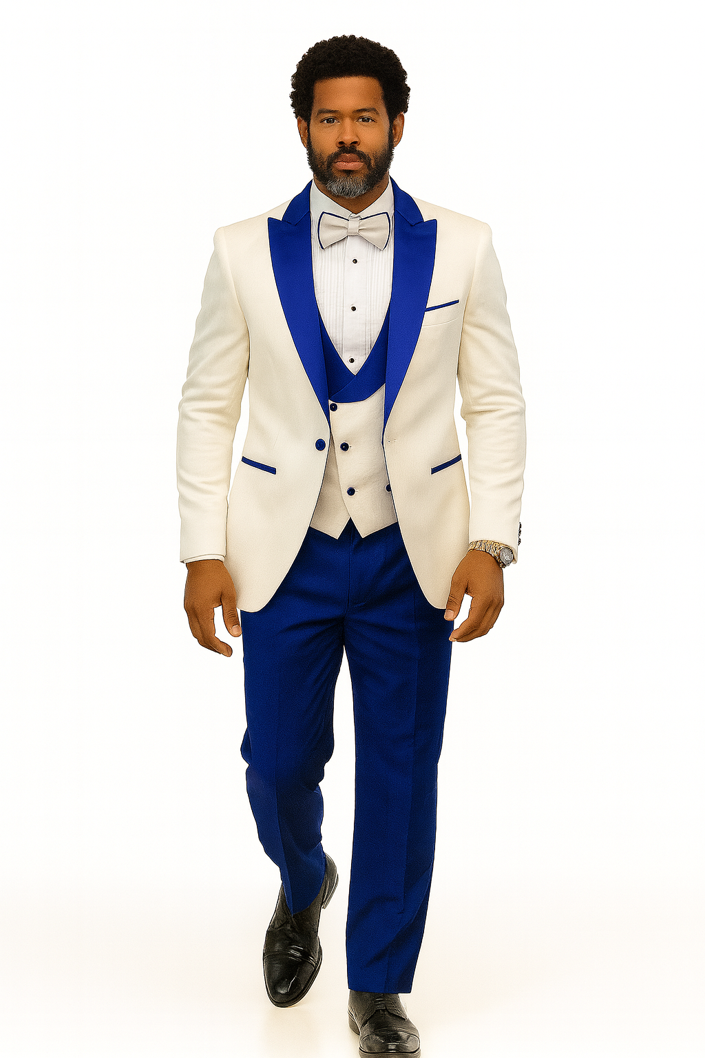 Hilton White and Royal Blue Paisley Peak Lapel Tuxedo Jacket with Matching Shawl Vest and Wool Pants - Includes Bow Tie by USA Men's Outlet
