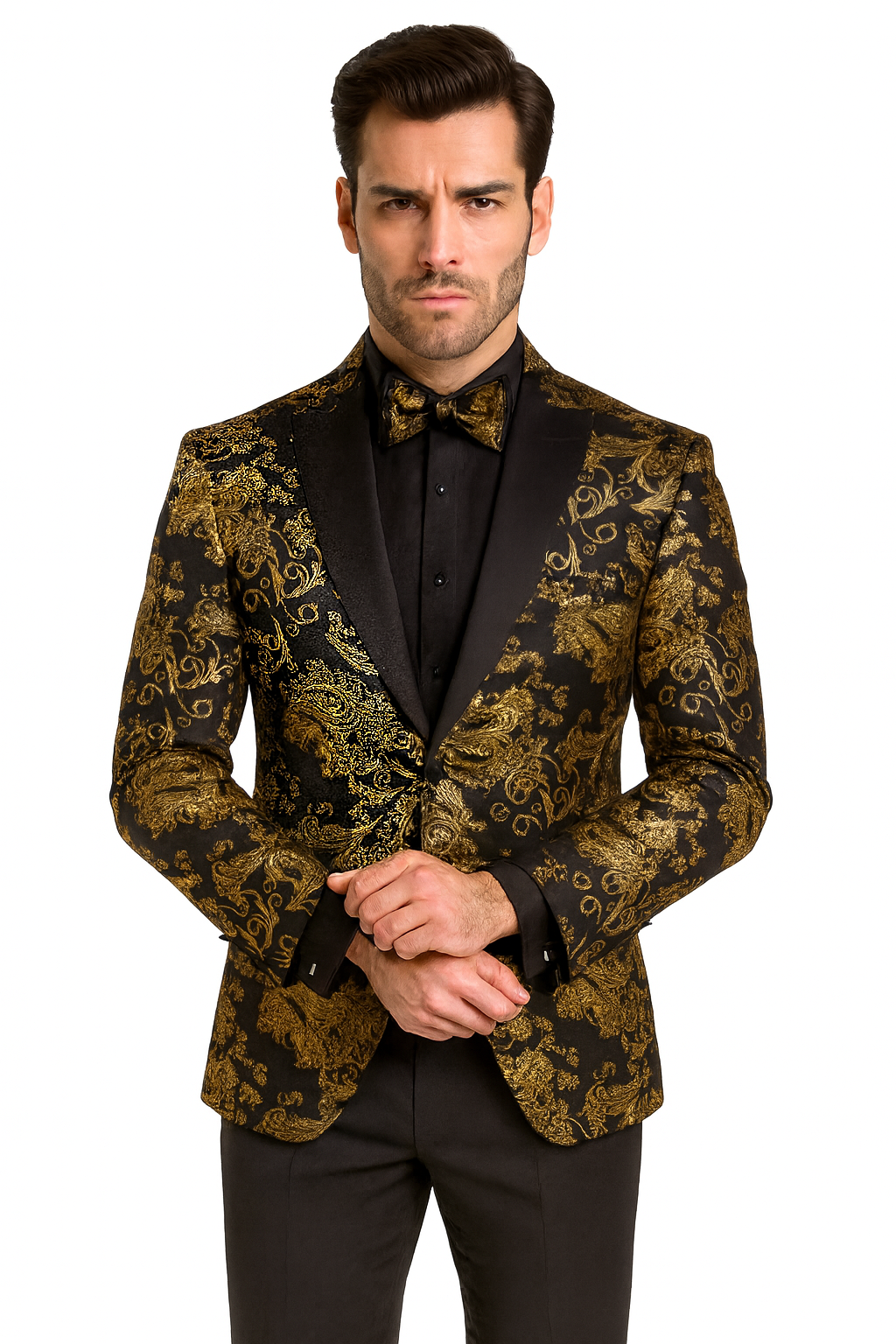 Black and Gold Prom Suit - Mens Paisley Velvet Foil Smoking Gold Jacket