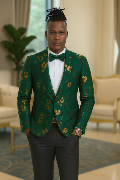 Tailors Tazio Tailors Men's Slim Fit Paisley Foiled Blazer - Hunter Green & Gold for Prom & Weddings
